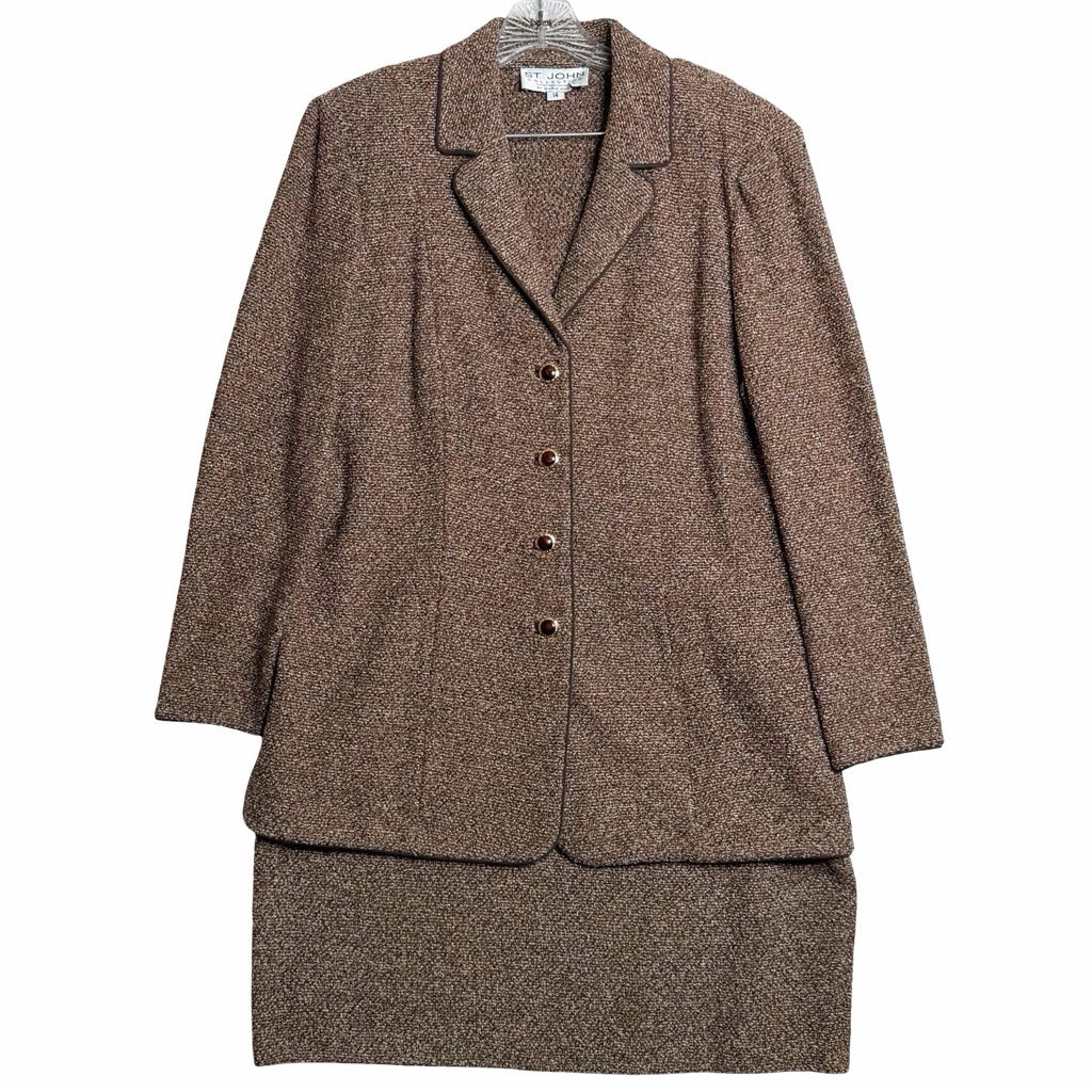 Vtg St. John Collection Marie Gray Brown Textured Knit Suit Blazer Skirt 14